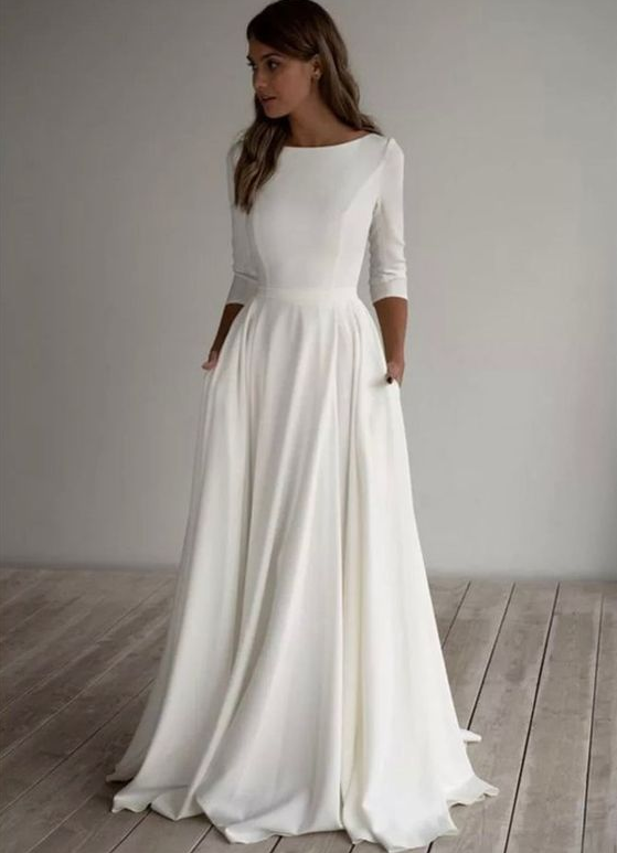 Simply Wedding Dress With Elegant Bridal Gown   Floor Length, With Long Sleeves And With
