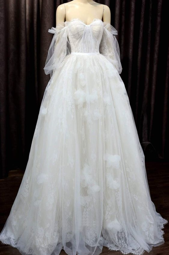 Fairytale Wedding Dress - Boho white light ivory floral lace off the shoulder quarter sleeves