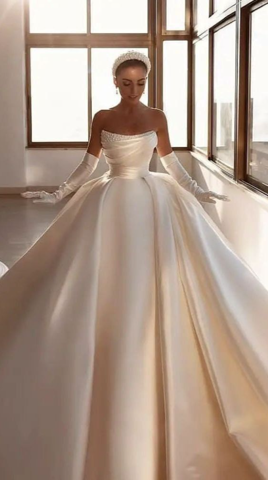 Fairytale Wedding Dress - Ivory Satin Wedding Dress With Beautiful Artificial Pearls