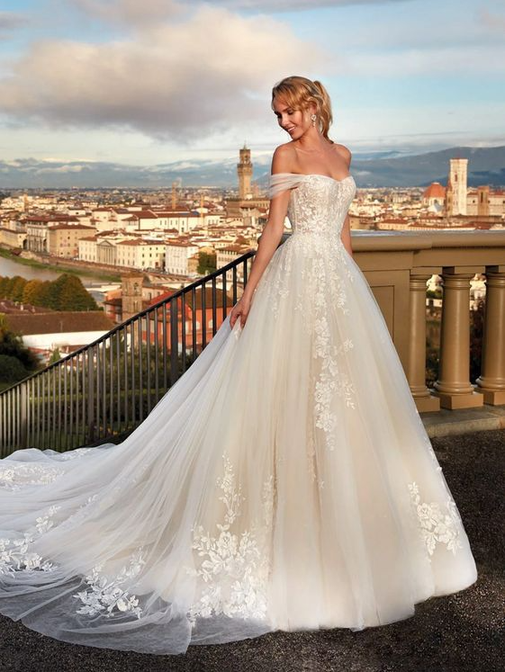Fairytale Wedding Dress - Tulle Floral Applique Wedding Dress A Line off the Shoulder
