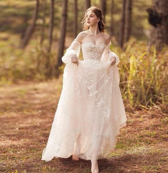 Fairytale Wedding Dress - White Fairy A-line Wedding Dress With Detachable Long Sleeves