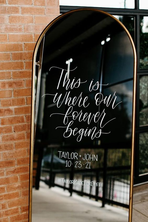 Best Wedding Mirror Sign Design - Welcome sign, gold mirror, hand lettering, this is where our forever begins