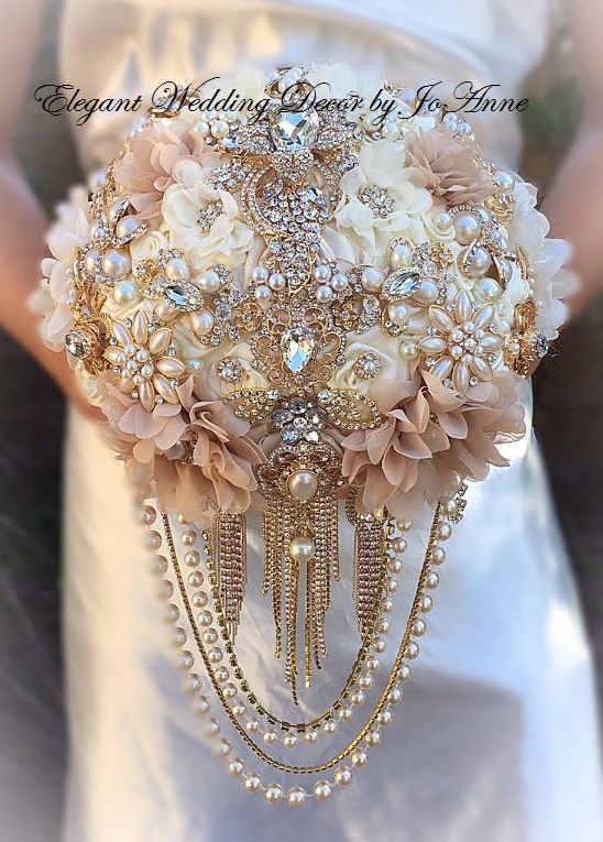 Bling Wedding With Gold and Ivory Brooch Bouquet Gatsby Style Brooch Bouquet