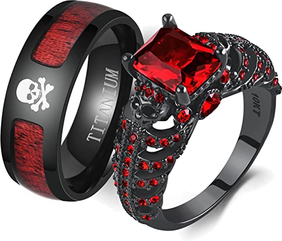 Ringcrown Couple Rings Matching Ring Black Skull Ring Red CZ Womens Wedding Ring Punk Ring