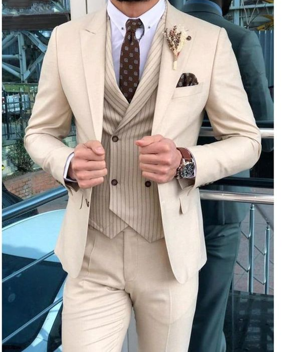 Wedding 3 Piece Suit For Men Men Suits Ivory 3 Piece Striped Vest Slim Fit Elegant Formal