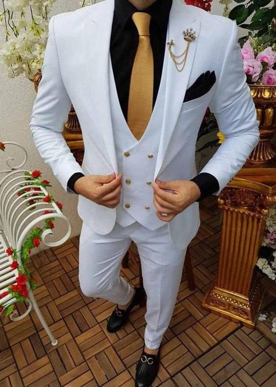Wedding 3 Piece Suit For Men Men Suits Wedding 3 Piece Suit Slim Fit Golden Button Groom White Wedding Suit