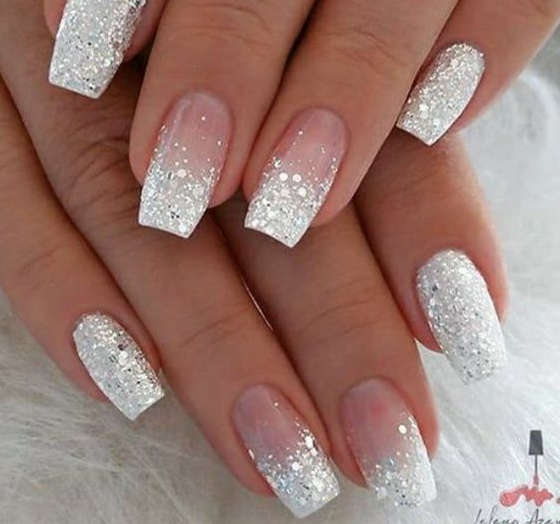 Wedding Nail Ideas For The Bride - Sliver White Glitter and Glitter Ombre
