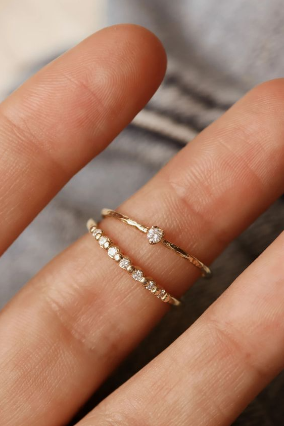 Wedding Ring Stack Ideas - Subtle Flashes of Sparkle With This Simple and Minimal, Dainty Diamond Wedding Set